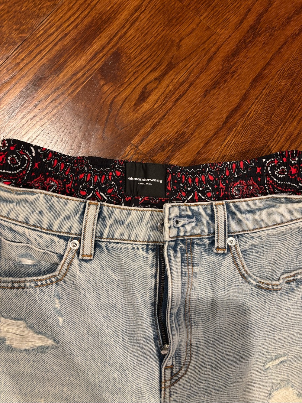 Alexander Wang Light Wash Distressed Denim Shorts with Black & Red Bandana Trim - Picture 3 of 7